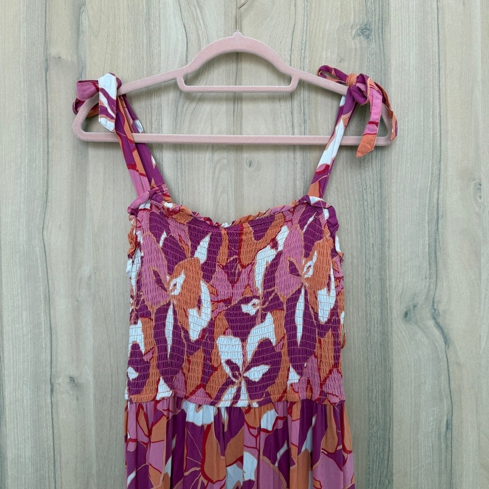 Floral Tiered Maxi Dress Size Large Pink Smocked Tie Shoulder Boho Resort Summer - Picture 3 of 7